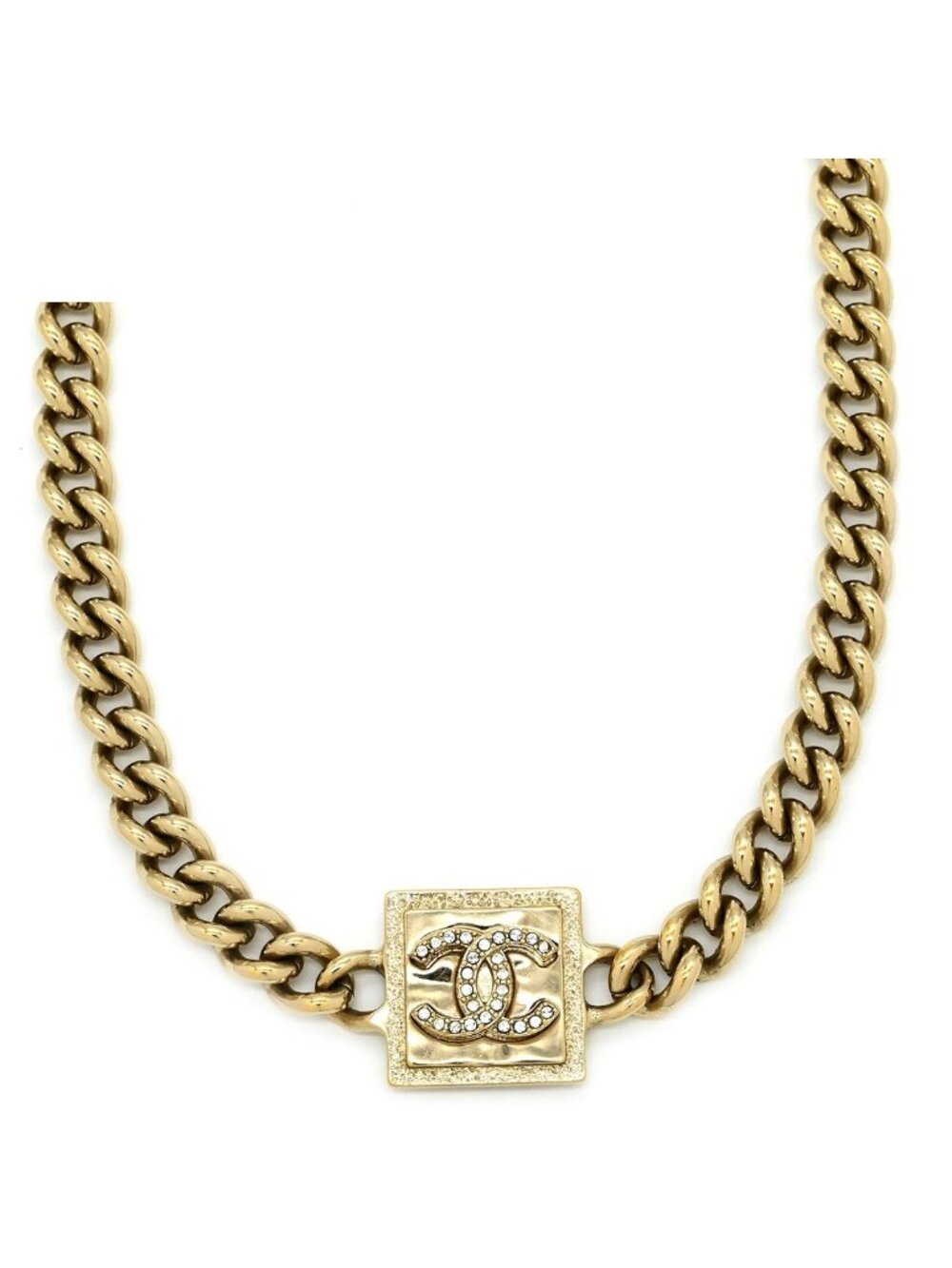 Chanel Necklace CC Logo Square Plate Rhinestone Gold CC Mark Choker Champagne